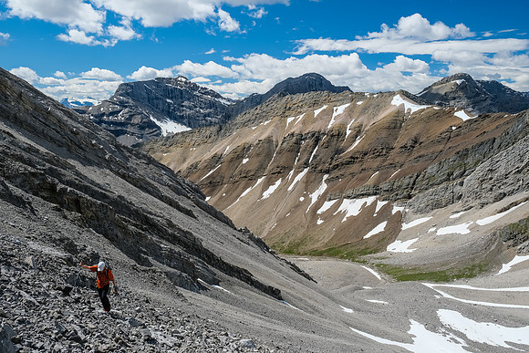 Ascending the south bowl scree slopes to the south ridge of Hangman Peak.