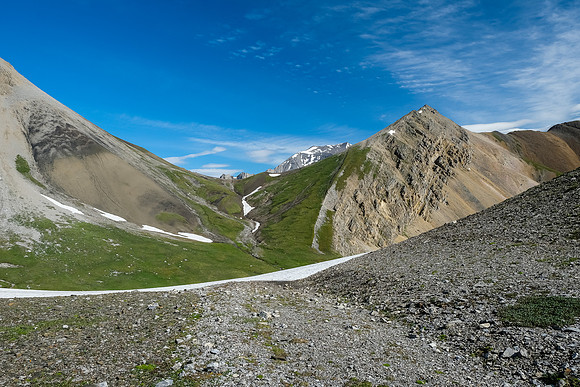 Views across Littlehorn Meadows and pass from the first pass.