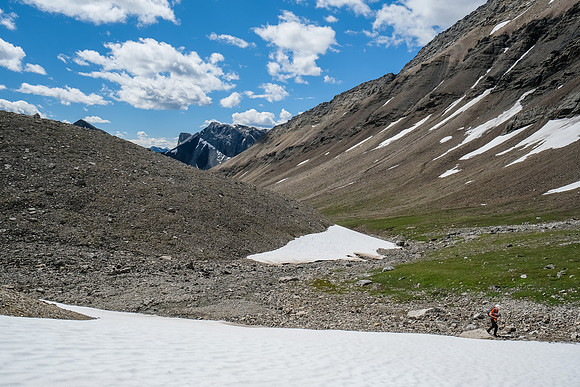 Traversing into the south scree bowl.
