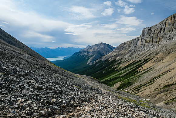 Staying in the creek to the first pass. Views back to Stelfox and Abraham Lake.