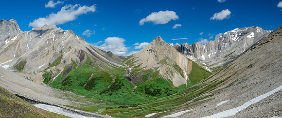 At Littlehorn Pass with views across the north meadows towards Hangman Peak at right.
