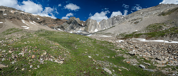 Traversing open meadows to the south bowl of Hangman Peak.