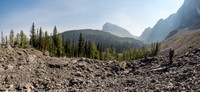 Looking back at our approach and Beehive Mountain as we cross a boulder field on route to the NE shoulder of Lyall.