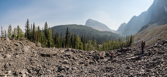 Looking back at our approach and Beehive Mountain as we cross a boulder field on route to the NE shoulder of Lyall.