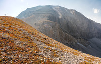 Heading for the east face of Lyall from the NE shoulder.