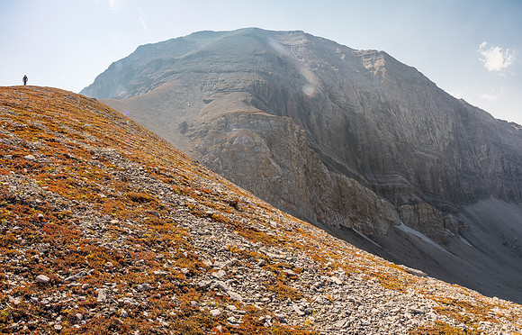 Heading for the east face of Lyall from the NE shoulder.