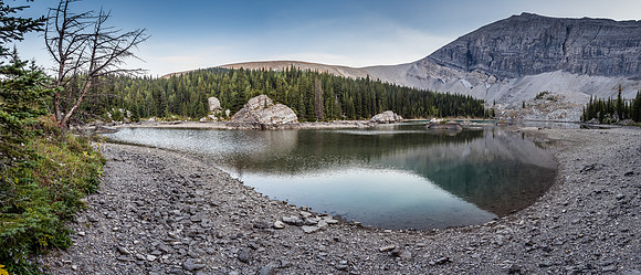 One more view of the tarn with Mount Lyall rising at right.