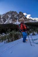 Ben on the lower avy slopes under Aberdeen - Mount Temple in the background.