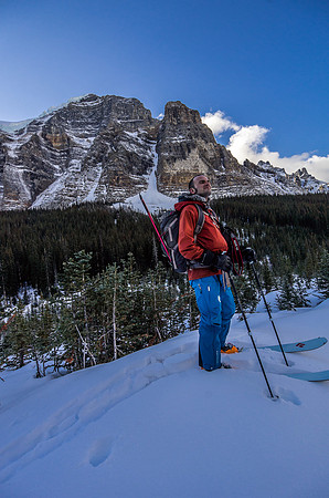 Ben on the lower avy slopes under Aberdeen - Mount Temple in the background.