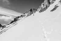 Steven breaks trail across a slope that reminded both of us of Ayesha's key summit block access avy slope.