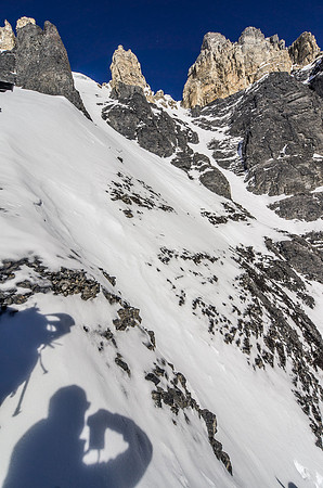 These are the cornices hanging over some of the narrow couloirs we crossed. Some of this terrain reminded us of Woolley and Diadem's couloirs.