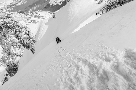 Down climbing the steepish snow / glacier slope back to our packs before traversing to Haddo.