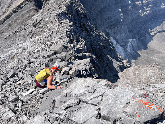 Descending the upper west ridge.