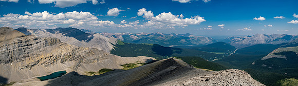 Descending the north ridge of HH89 with views over Forbidden Lake and down Forbidden Creek.