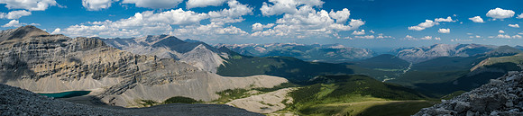 Descending the north ridge of HH89 with views over Forbidden Lake and down Forbidden Creek.