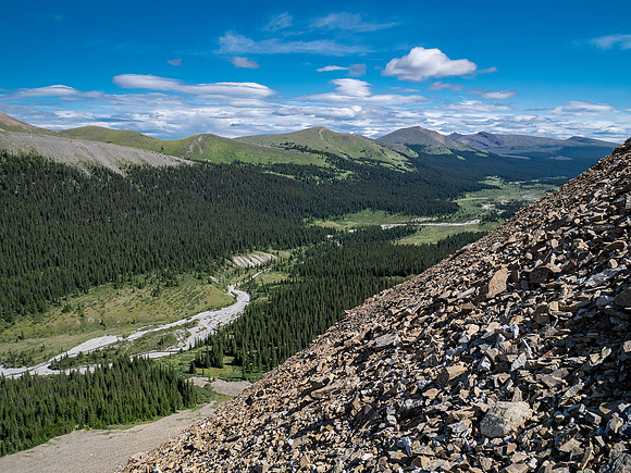 Hiking up an outlier of Elch Peak. Views down Scalp Creek.