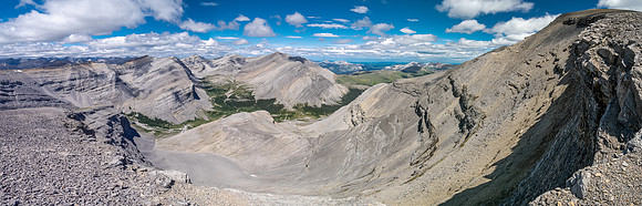 Descending west rubble slopes into the headwaters of Scalp Creek.
