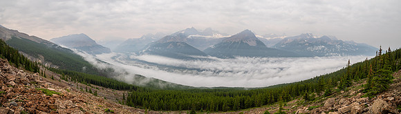 Ascending SW rubble slopes with views back over the Icefields Parkway.
