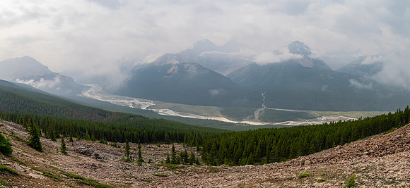 Descending SW rubble slopes back down to the Icefields Parkway.