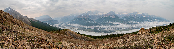 Ascending SW rubble slopes with views back over the Icefields Parkway.