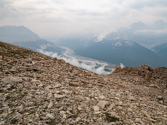 Descending SW rubble slopes back down to the Icefields Parkway.