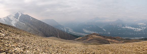 Ascending SW rubble slopes with views back over the Icefields Parkway.