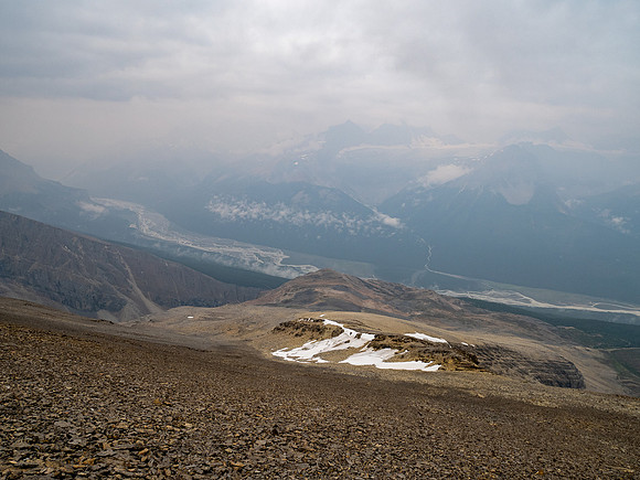 Descending SW rubble slopes back down to the Icefields Parkway.
