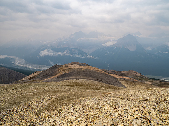 Descending SW rubble slopes back down to the Icefields Parkway.