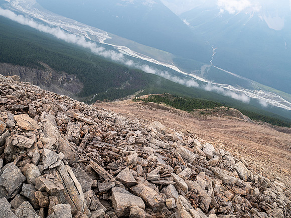 Descending SW rubble slopes back down to the Icefields Parkway.
