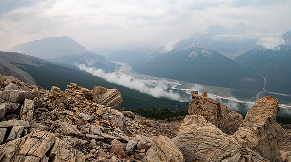 Descending SW rubble slopes back down to the Icefields Parkway.