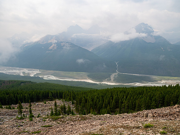 Descending SW rubble slopes back down to the Icefields Parkway.