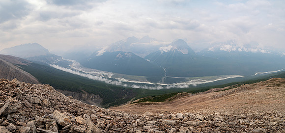 Descending SW rubble slopes back down to the Icefields Parkway.