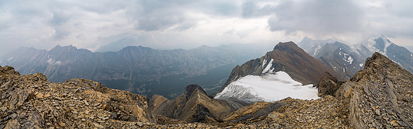 Summit photo, views over Jonas Creek to the Waterfall Peaks (L) and Sunwapta (R).