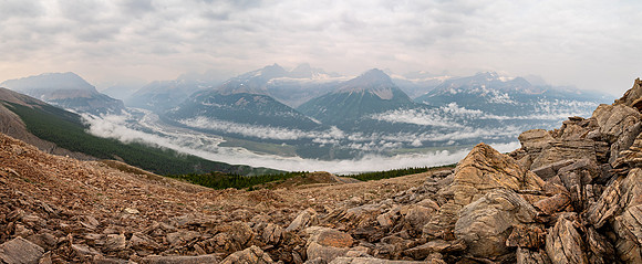Ascending SW rubble slopes with views back over the Icefields Parkway.