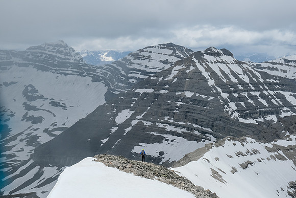Phil is tiny on the west ridge as we traverse to the outlier between Baril and Cornwell.