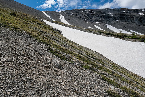 Scree and grass slopes to the plateau.