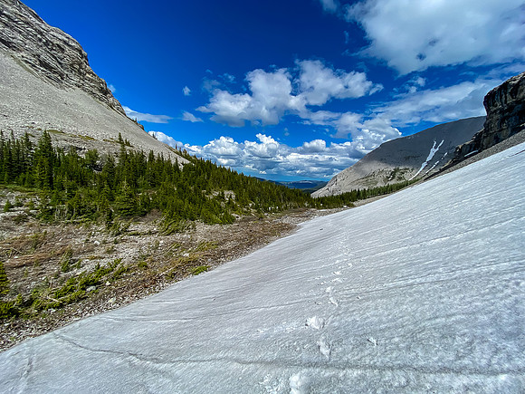 Exiting the hanging valley on snow.