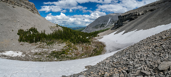 Exiting the hanging valley on snow.