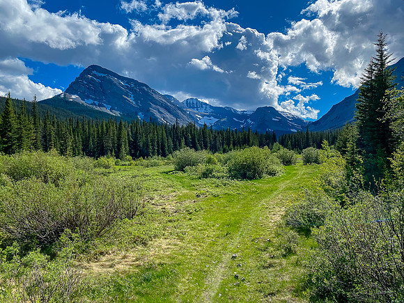 A last look back at Baril Peak (L) from the meadow.