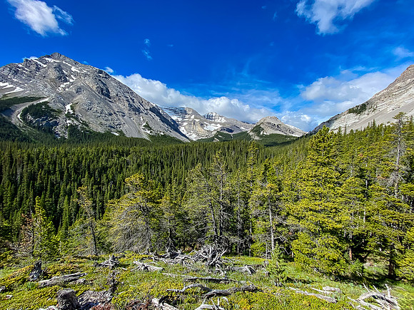 Views to Fording Pass and Baril Peak (L) from a lookout along the approach.