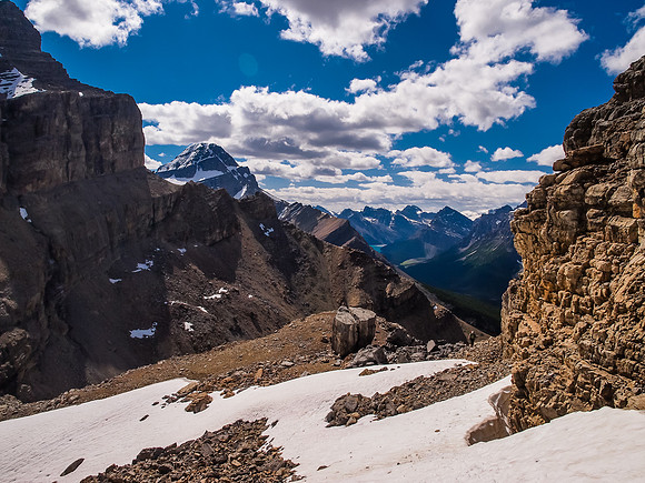 Looking back at Wietse traversing over to the ridge leading to the summit.