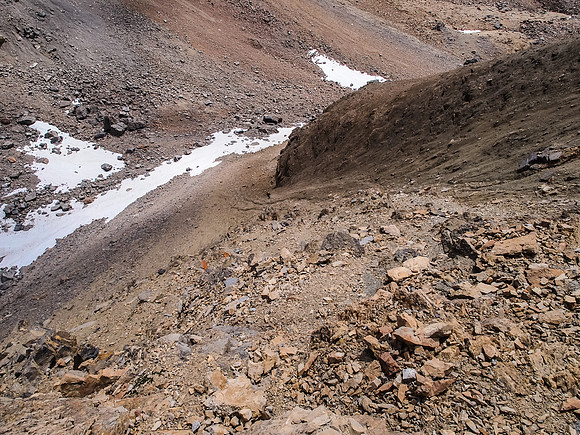 Back down scree off the ridge to the summit.