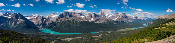 A panorama looking back over hwy 93. Mistaya Lake at left, Waterfowl Lakes at right.