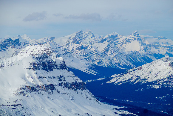 Distant views over Bow Peak to Patterson, White Pyramid and Mount Chephren.