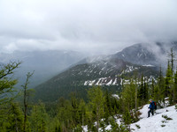 After traversing the entire ridge in clouds / rain we are now descending from Bennett Pass