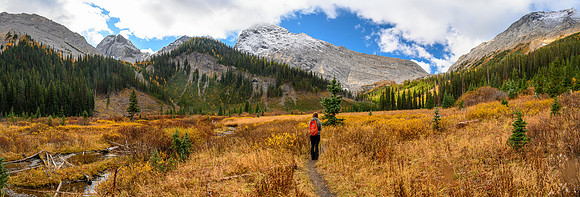 Hiking up Commonwealth Creek. Pig's Tail (L), Birdwood (C) and Smuts (R).