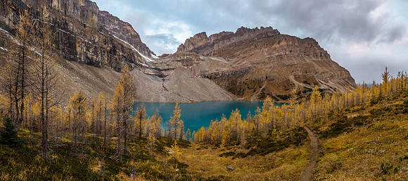 Looking back at Skoki Lakes as we ascend Packer's Pass with the Wall of Jericho looming above.