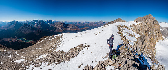 Looking along the impressive east face of Pipestone towards the summit from the false summit.