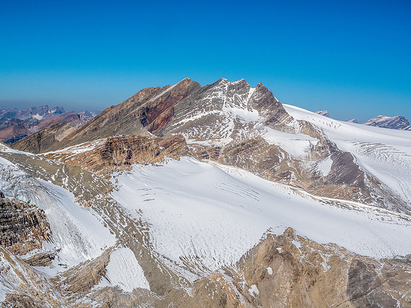 These impressive peaks on the northern end of the Drummond Icefield are unnamed. (Bivouac creatively names them DR1-DR4.)