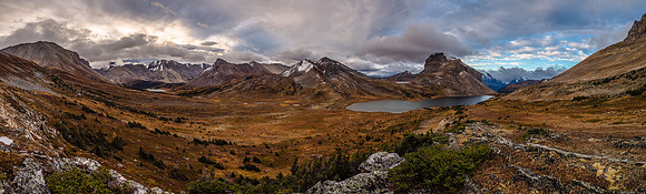 Descending towards Ptarmigan Lake with Redoubt at right and Heather Ridge at center.